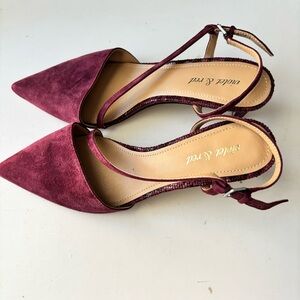 Chic Burgundy Real Suede Snake Skin Leather Slingback Heels size 7 Violet & Red